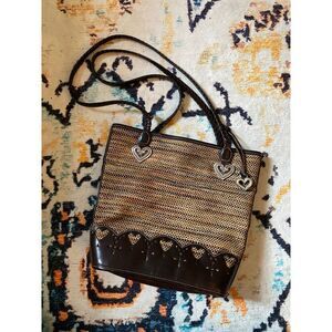 Vintage 90s Brighton Caroline Brown Leather & Tweed Bucket Bag hearts hardware